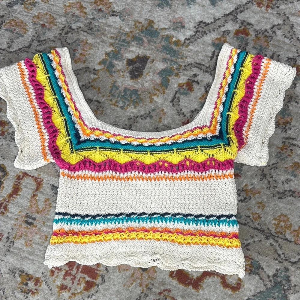 Zara Multi Color Cream Crotched Cropped‎ Cap Sleeve Top - medium - Picture 15 of 17